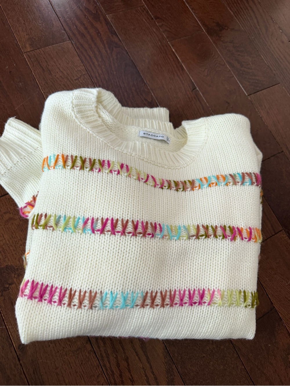 Beautiful Staccato Cream Crewneck Sweater w/ Multicolor Stitching Cozy Sweater